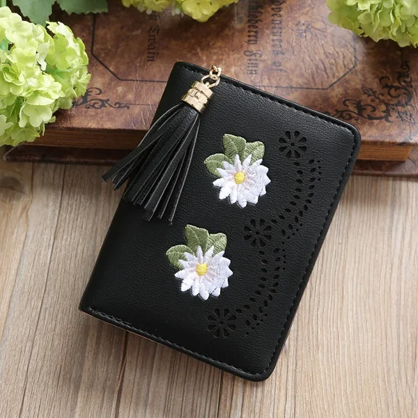 Женские кошельки брендовый дизайн цветок леди цепочка с кисточками новые кошельки сумка-кошелек для монет женский клатч портмоне для карт сумка сумки - Цвет: Черный
