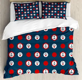 

Anchor Duvet Cover Set, Nautical Pattern with Steering Wheels Big Red Polka Dots Hearts Sea Love, 4 Piece Bedding Set