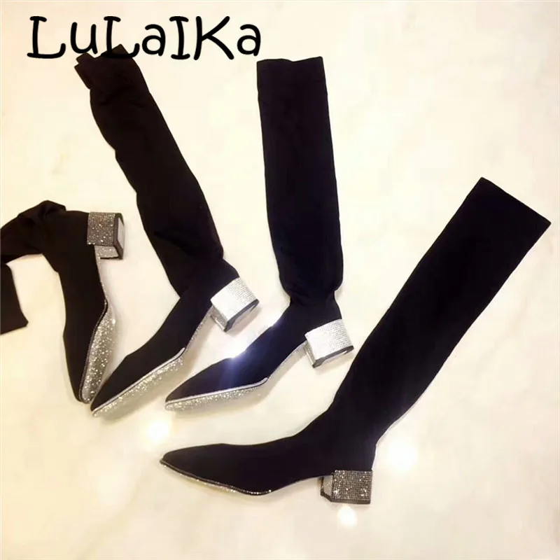 

2018 Hot Fashion Elastic Over-The-Knee Boots Bling Bling Rhinestone Decor Square Heel Woman Long Boots Pointed Toe Woman Boots