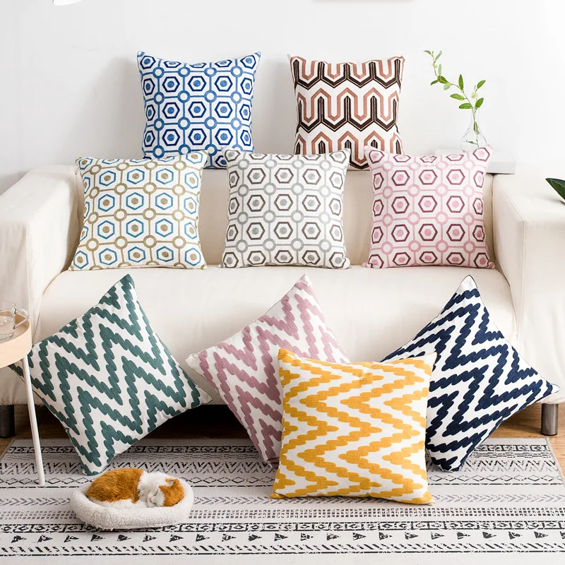 

Modern Simple Cotton Pillow Case Natural Wave Geometric Pattern Embroidered Pillow Cover Washable Throw Cushion Cover 45*45Cm