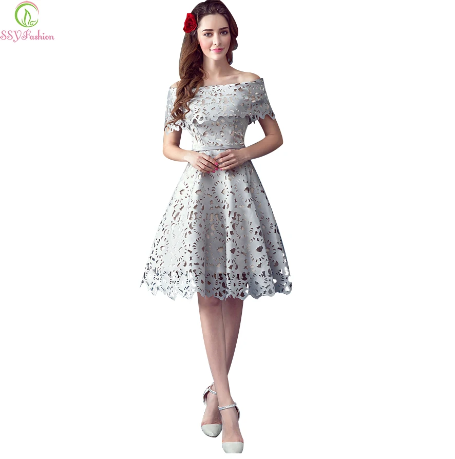 Vestido SSYFashion Elegant Retro Gray Short Evening Dress Bride Banquet Luxury Boat Neck