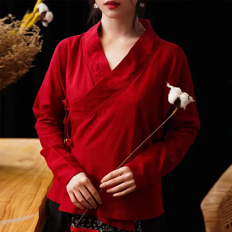 Chinese Top Spring Summer Female Ancient Hanfu Originally Long Sleeve Ladies Chinese Tops Cotton Linen Chinese Tunic Blouse - Цвет: red