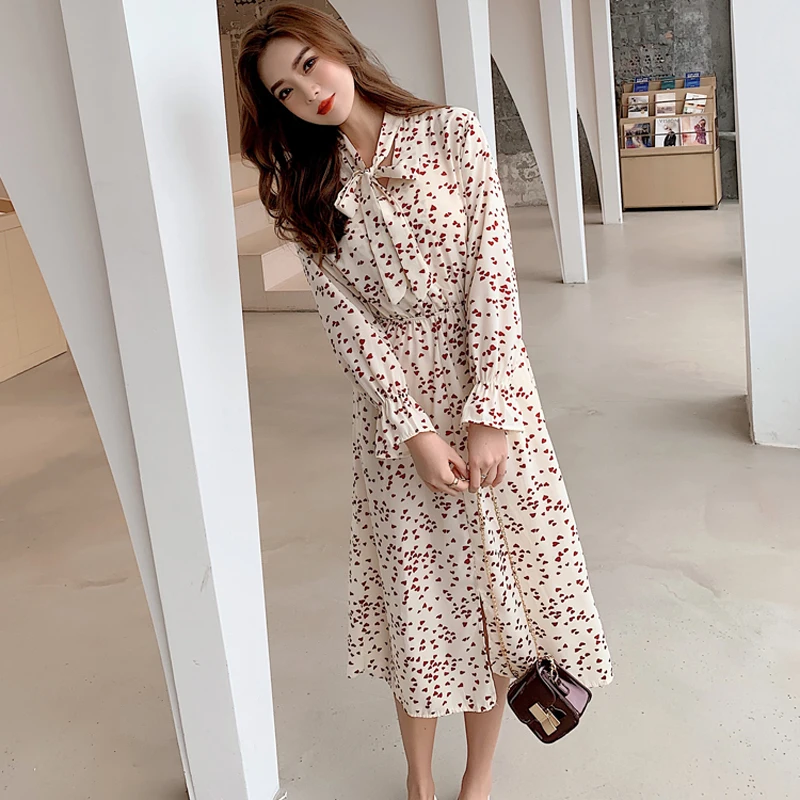 

BGTEEVER Casual Bow Collar Red Hearts Print Women Dress Elastic Waist Single Breasted Female Vestidos Chiffon Summer Dress