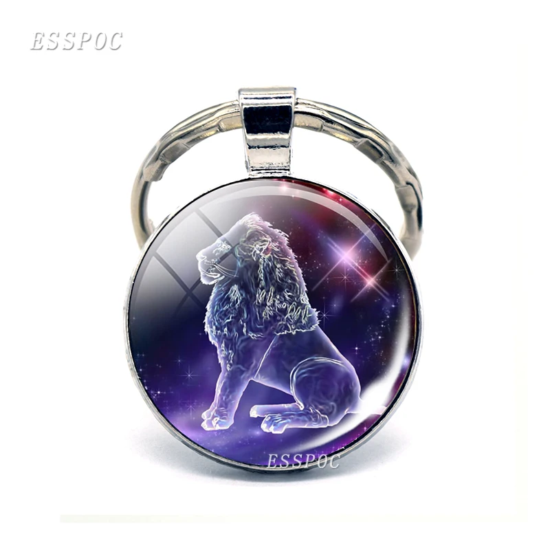 12 Constellation Keychain Zodiac Signs Glass Pendant Scorpio Sagittarius Capricorn Aquarius Alloy Keyring Jewelry Birthday Gifts - Цвет: Leo