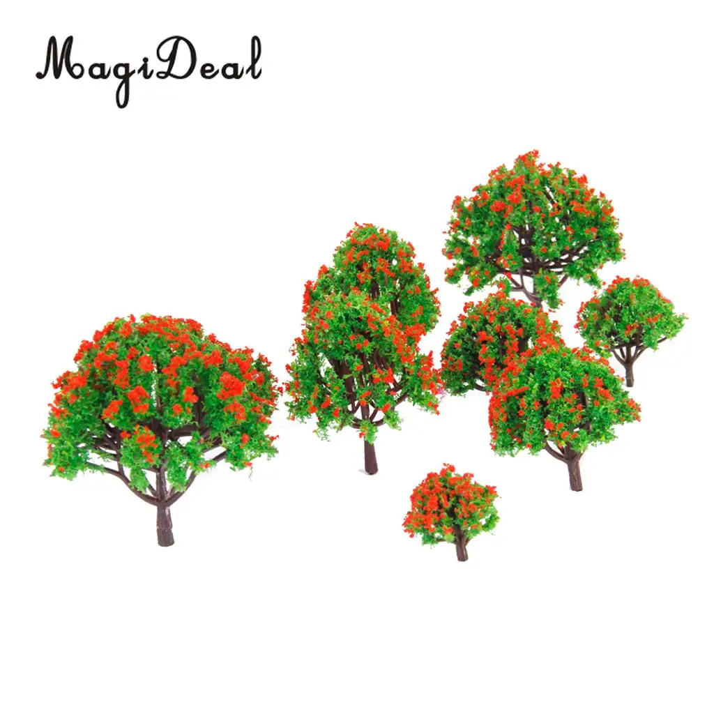 MagiDeal 10Pcs Model Tree with Red Flower Railroad Scenery for Model Garden Park Train Track Architecture Layout Diorama 5 Sizes