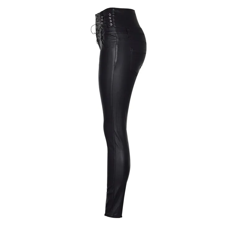 Stretch jeans stretch jeans for women's wear ultra high waist strap decorative coating leather stretch jeans PU large size (7)