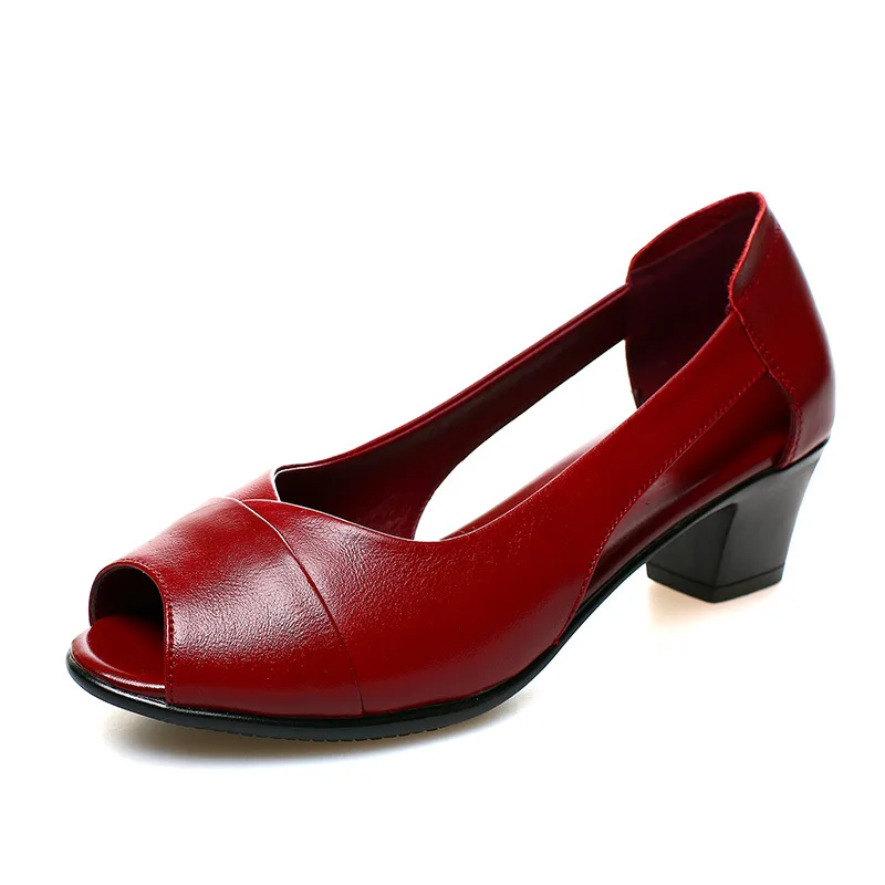 

2019 Summer Genuine Leather Comfortable Ladies Mid Heel Sandals Women Shoes Hollow Peep Toe Square Heel Sandals Woman Black