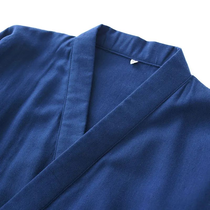 Japanese Style Men Kimono Bathrobe Gowns Navy Blue Cotton Home Clothing Loose Male Long Sleeve Robes Sleepwear Casual Nightwear