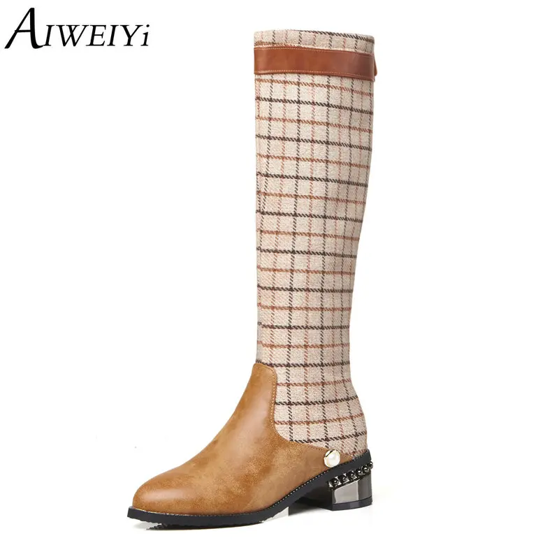 

AIWEIYi Winter Boots for Women Patch Color Round toe Square Heel Med Heels Knee High Boots Comfortable Winter Shoes Woman