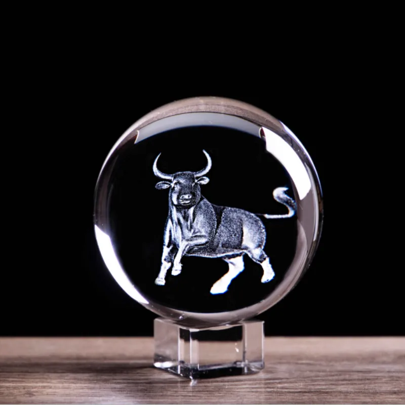 Animal Zodiac Cow Figurines Crystal Ball Charging Stock Market Bull Feng Shui Glass Marbles Sphere Globe
