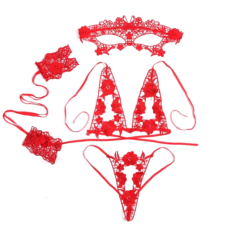 2019 Women Sexy Babydoll Transparent Lace Embroidery Lingerie Bra + G-string + Mask + Handcuffs Lingerie Porno Underwear Suite