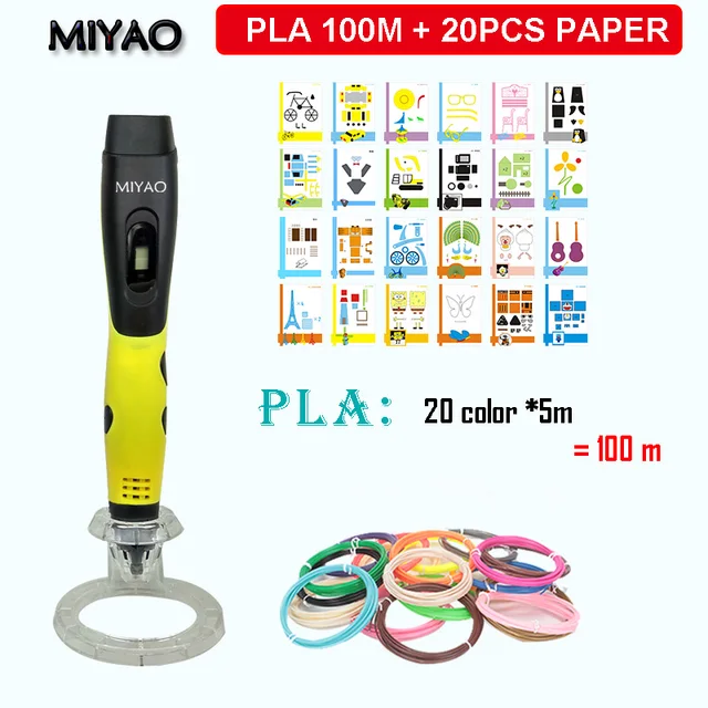Special Price MIYAO Newest 3D scribble pen, PLA filament(100meter) + 20psc paper model ,3D Pen Set for Kids and Adults,safe for use