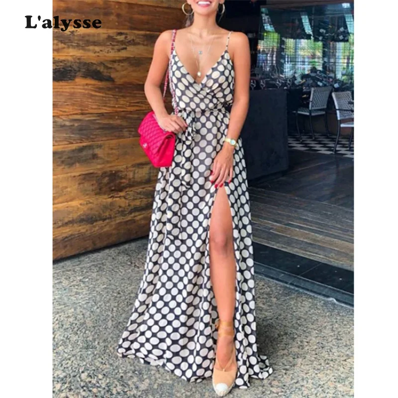 

LALYSSE Summer Women Holiday Seaside Beach Dress Sexy V-neck Sling Spaghetti Strap Polka Dot Maxi Dress High Split Slim Dress