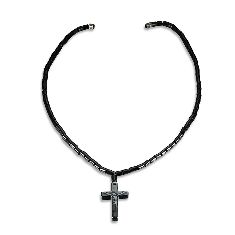 

Fashion Design Black Hematite Cross Charms Beads Chain Pendant Necklace Health Radiation Protection for Women Men Jewelry