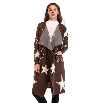

Drop Shipping Sweater Knitted Jacket Women's Wear Star Pattern Knitted Cardigan Long Coat V-neck Women Cardigan Streetwear M-XL