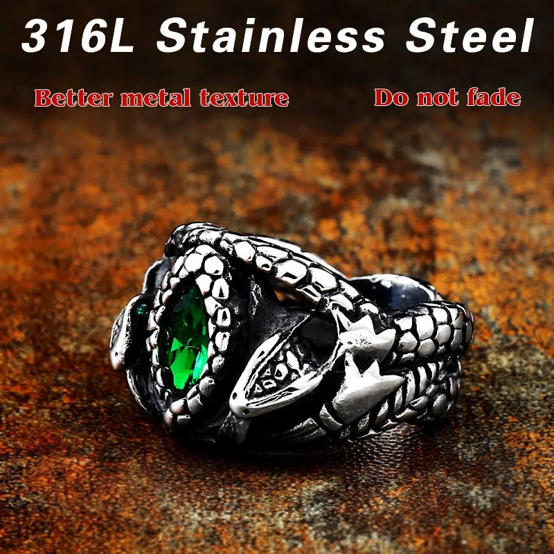 Stainless Steel Ring Norse Viking Amulet Snake Green Eyes Odin's Symbol for Men Scandinavian 316L Stainless Steel