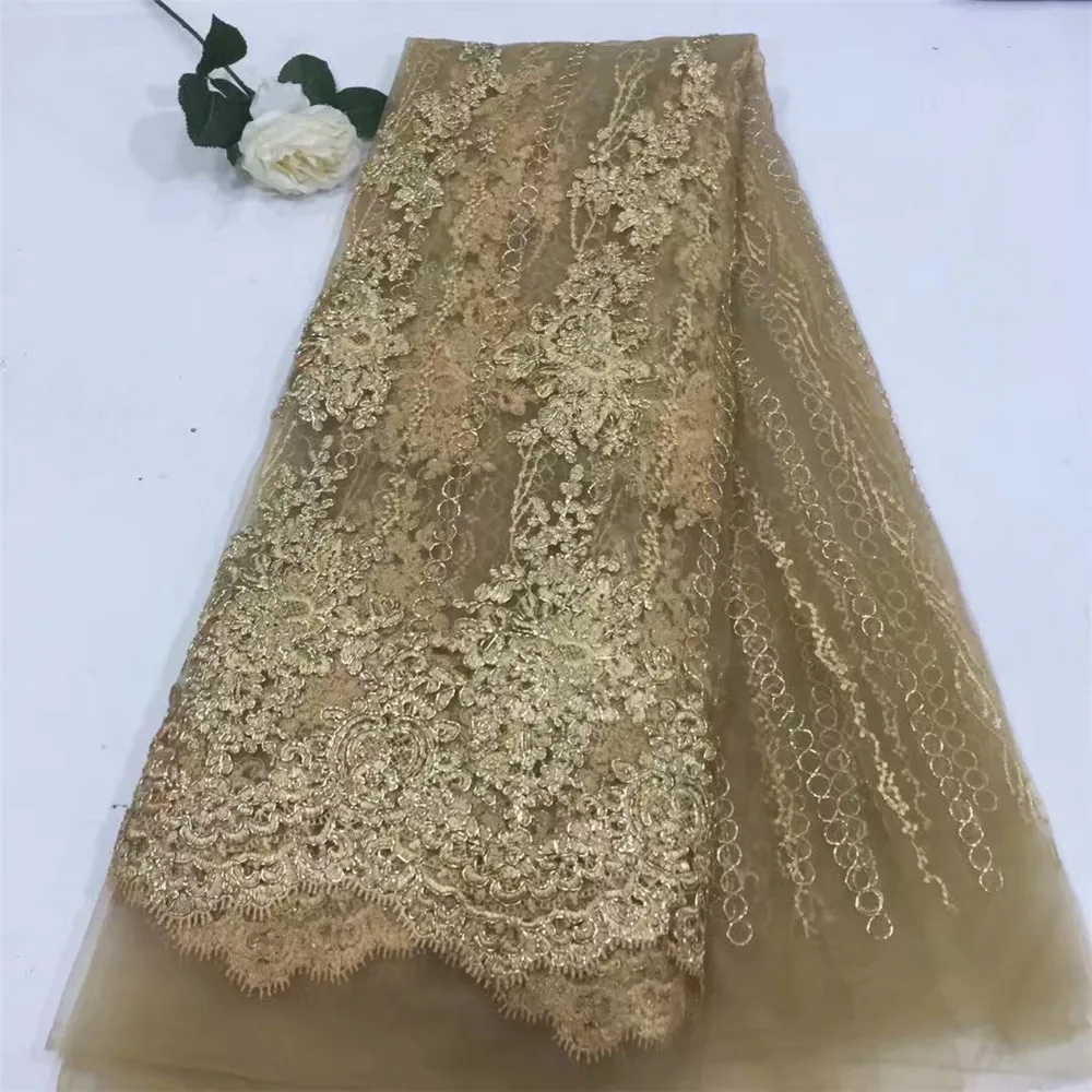 

Golden New African lace fabric with money thread tulle fabric for women's evening dresses HJ411-1