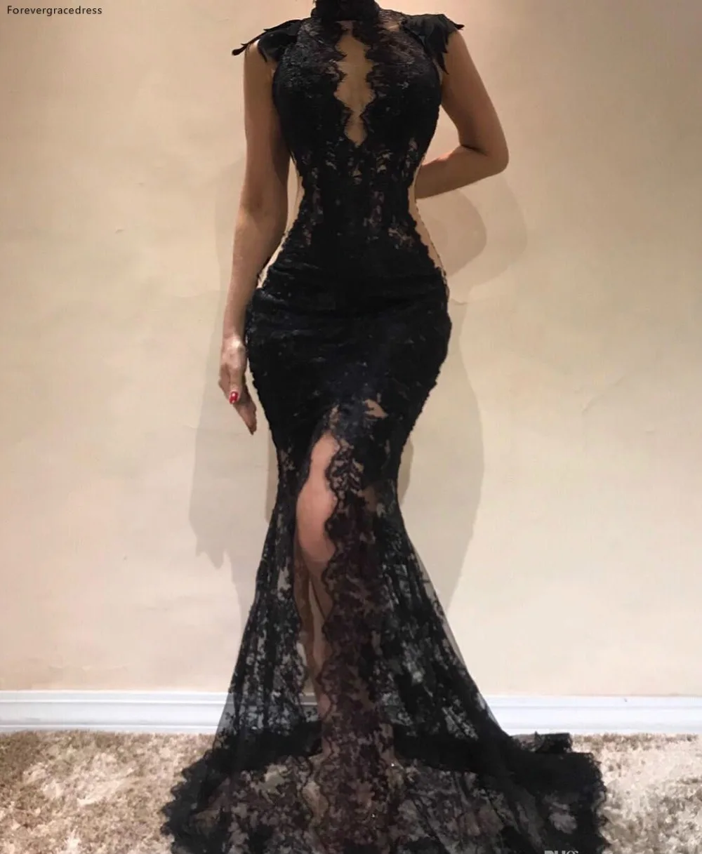 2019 New Sexy High Neck Black Lace Mermaid Prom Dresses Capped Sleeves Front Split Evening Dresses Cutaway Sides Party Gowns BC0513  129 (1)