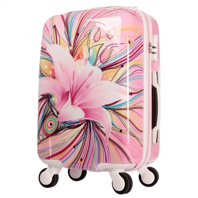 Womens Hard Shell Luggage Girls Pink lily Trolley case Valise Rolling