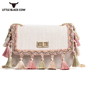 

Boho Fringe Crossbody Bag High Quality Women Fashion Mini Chain Shoulder Bag Canvas National Fashion Summer Bag Tassel Flap