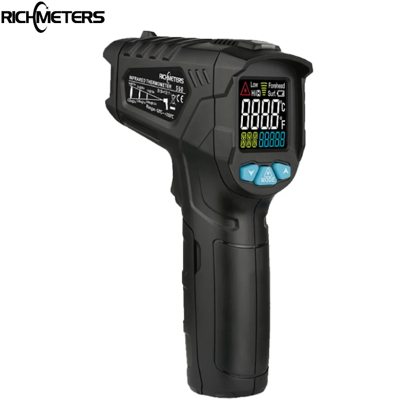 

RICHMETERS 550 Digital infrared Thermometer laser Temperature Gun Colorful LCD Screen Pyrometer High/Low Temperature Alarm