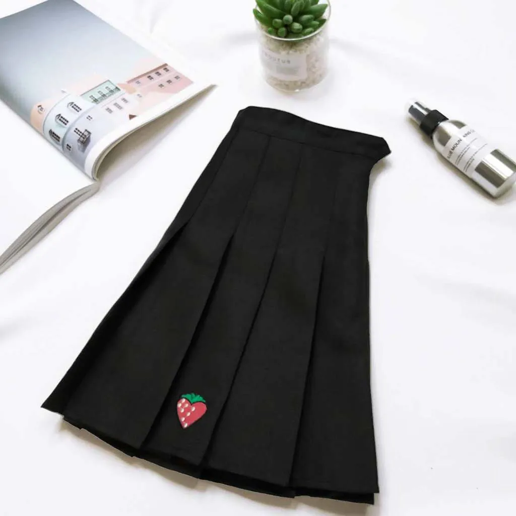 Women Pleated Skirt Girl School Uniform Skirt Solid High Waist Mini Skirts Ladies Casual Strawberry Pleated Mini Skirts#626 - Цвет: Черный