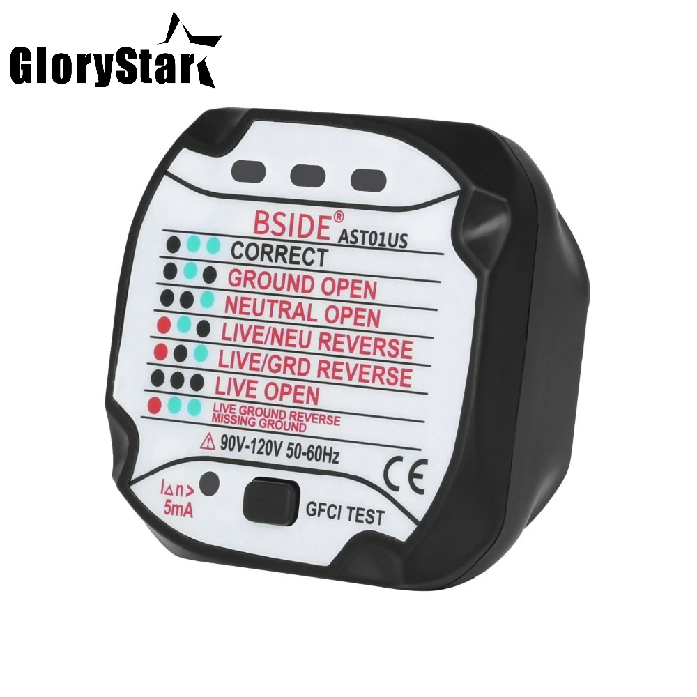 

GloryStar US plug Socket Tester GFCI Outlet Tester Automatic Electric Circuit Polarity Voltage Detector Wall Plug Breaker Finder