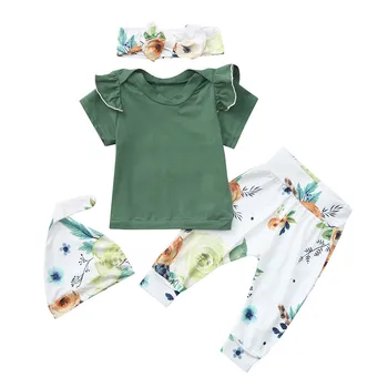 

4PCS Toddler Baby Boy&Girls Outfits Floral Print Top Pants Cap Headband Ruffles Outfits girl clothing teenage kids clothes