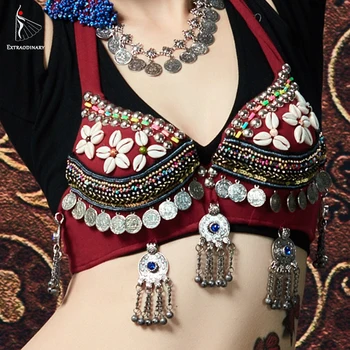 

ATS Tribal Top Belly Dance Bras Vintage Coins Push Up Beaded Bra Gypsy Dancewear Tops Adjustable Dance Bra Costumes