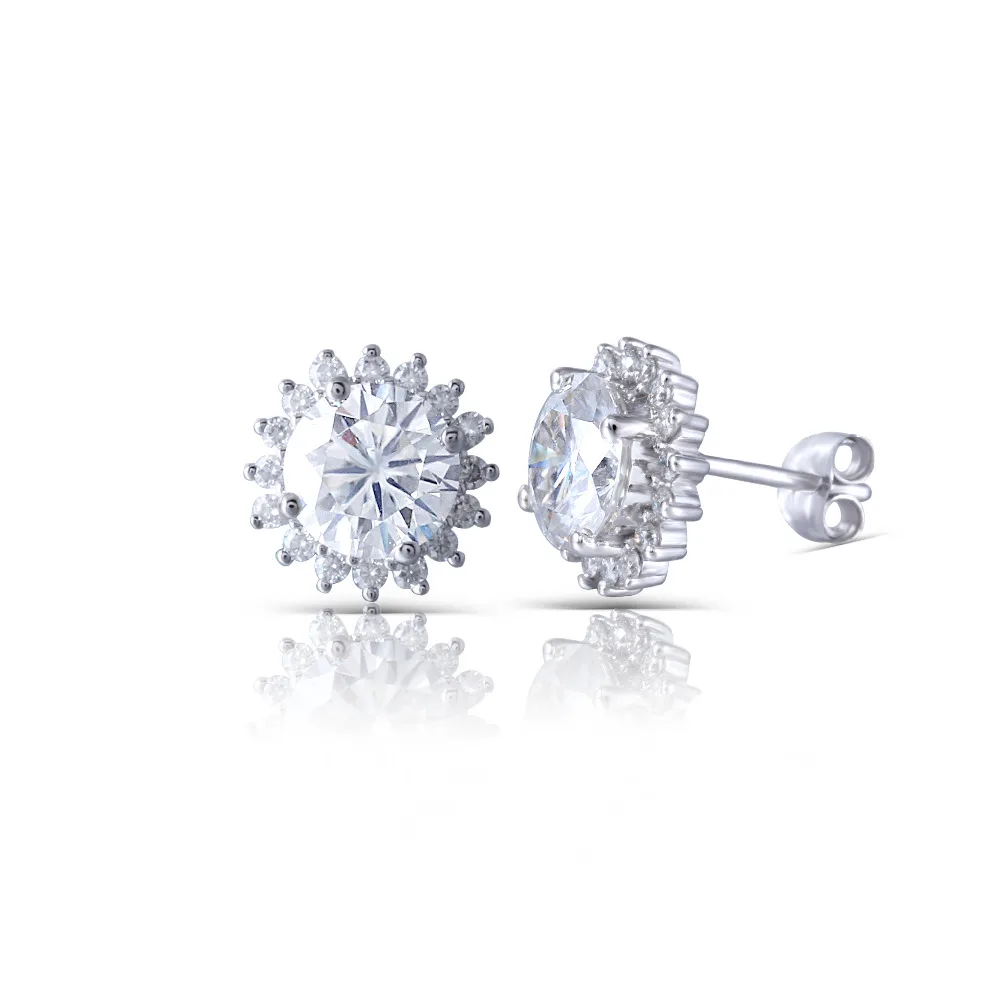 Transgems Sunflower Shape Halo Moissanite Stud Earring 14K White Gold Center 1ct 6.5mm FG Color Clear with Accents Push Back Transgems Sunflower Shape Halo Moissanite Stud Earring 14K White Gold Center 1ct 6.5mm FG Color Clear with Accents Push Back