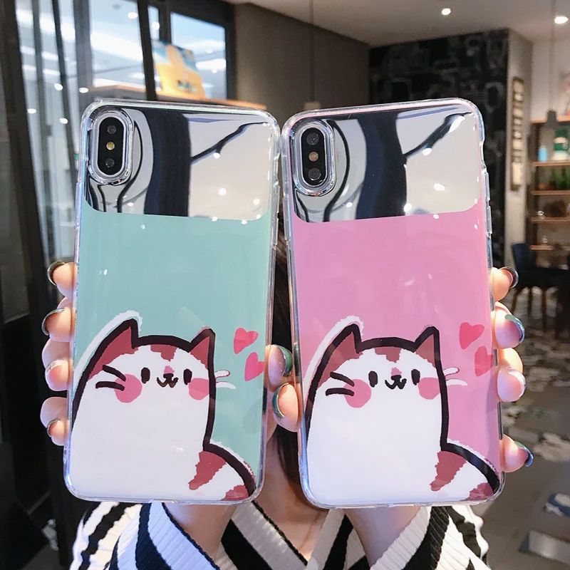

Beily New Mirror Case for iPhone XS Max XR X 8 7 6 6S Plus Cute Cat Makeup Cosmetic Mirror Cartoon Soft Cover for iPhone 7 8 X
