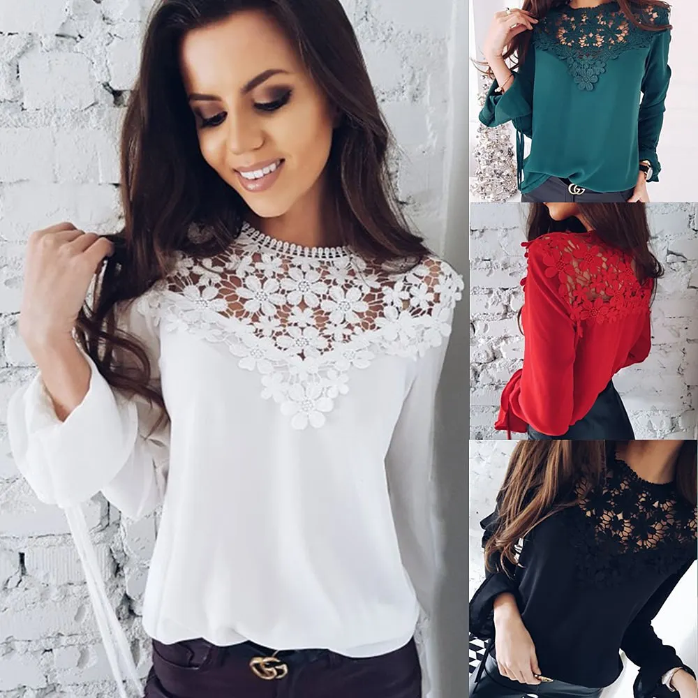 En Ligne 2018 mousseline de soie d été top Nouvelle Doux Évider Fleur Blouse Solide Dentelle Couture Tops et blouses O cou Flare Manches chemises
