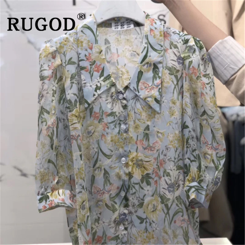 RUGOD в Корейском стиле с цветочным принтом шифоновые блузки Дамская Мода отложной