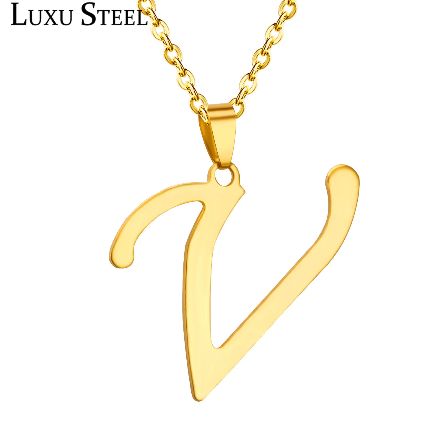 LUXUSTEEL Gold Plated Necklace Capital Initial V Letter Pendant