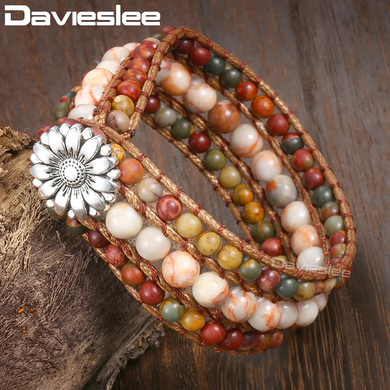 

Davieslee Womens Natural Stone Beaded Bracelet Khaki Brown Leather Wristband Boho Bracelets For Woman Jewelry Wholesale DDSBM05