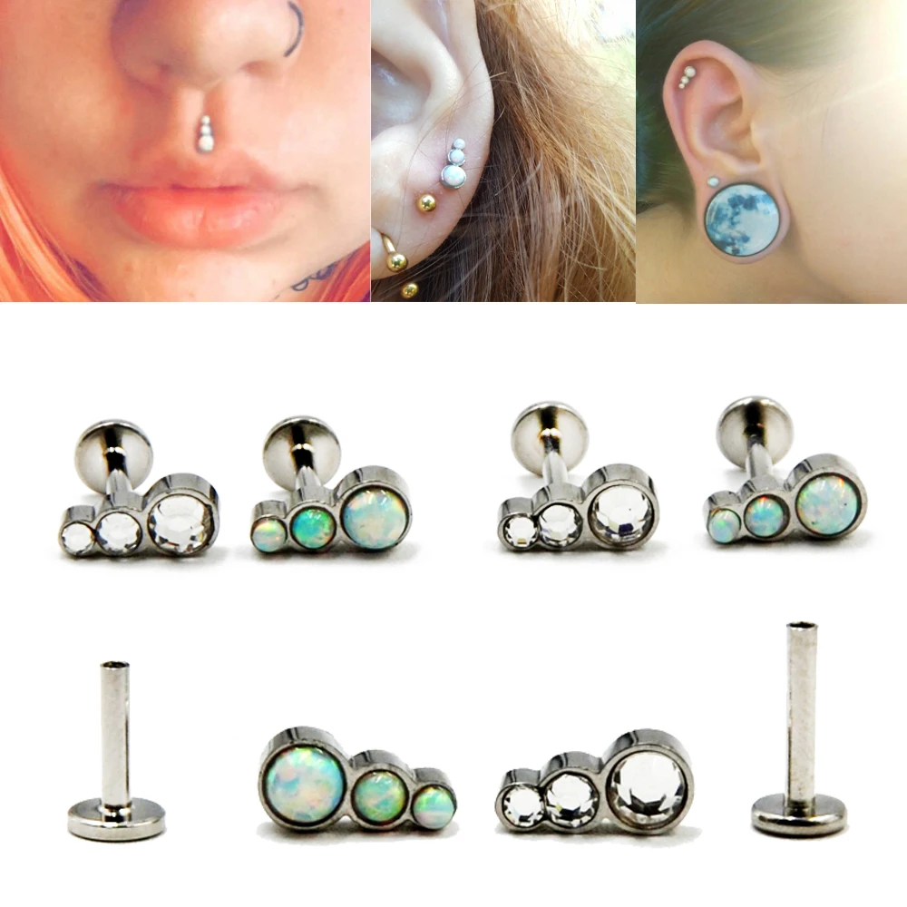 

BOG-2PC Internally Threaded Trio Fire Snow Opal CZ Gem Labret Tragus Ear Cartilage Earring Opal&Zircon Labret Lip Ring Piercing