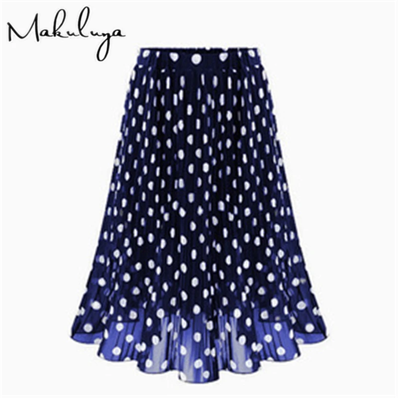 Makuluya Classic All-Match Soft Women Chiffon Polka Dot Lithe Black dots Elastic Waist Pleated Skirt Beach A-Line Plus Size L6