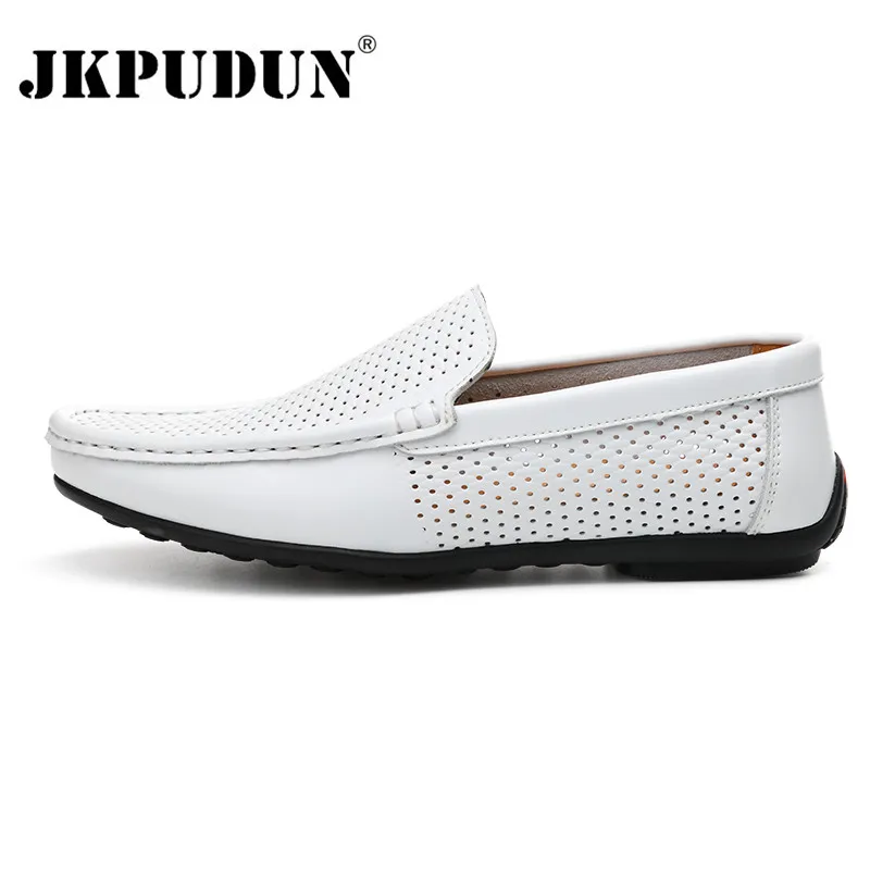 JKPUDUN/Летняя мужская обувь из натуральной кожи; повседневные Роскошные Брендовые мужские лоферы; дышащая обувь для вождения; Мокасины без застежки - Цвет: white