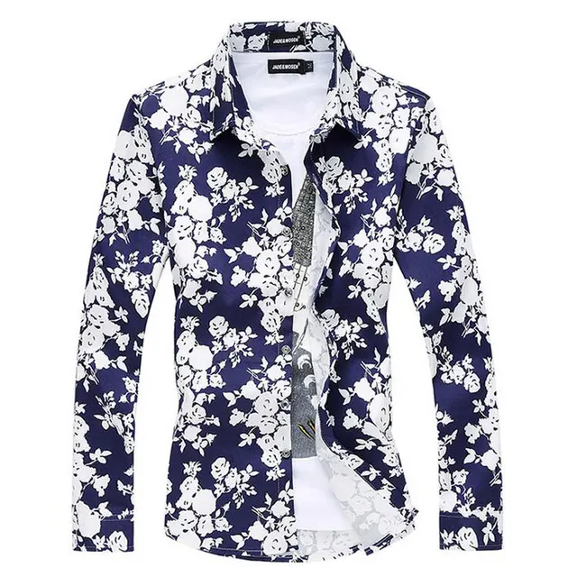 Floral Printed Men Blouses Camisa Social Masculina Slim Casual Rose