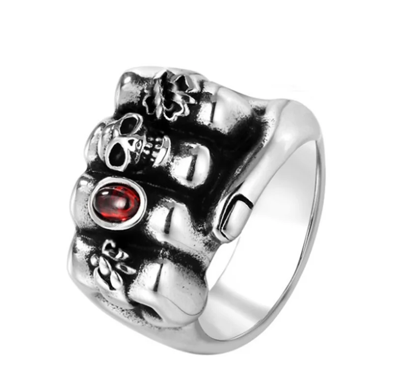 

Vintage Retro Biker Men Rings Gothic Red Rhinestone Skull Anarchy Death Fist Skull Ring Jewelry Wholesale