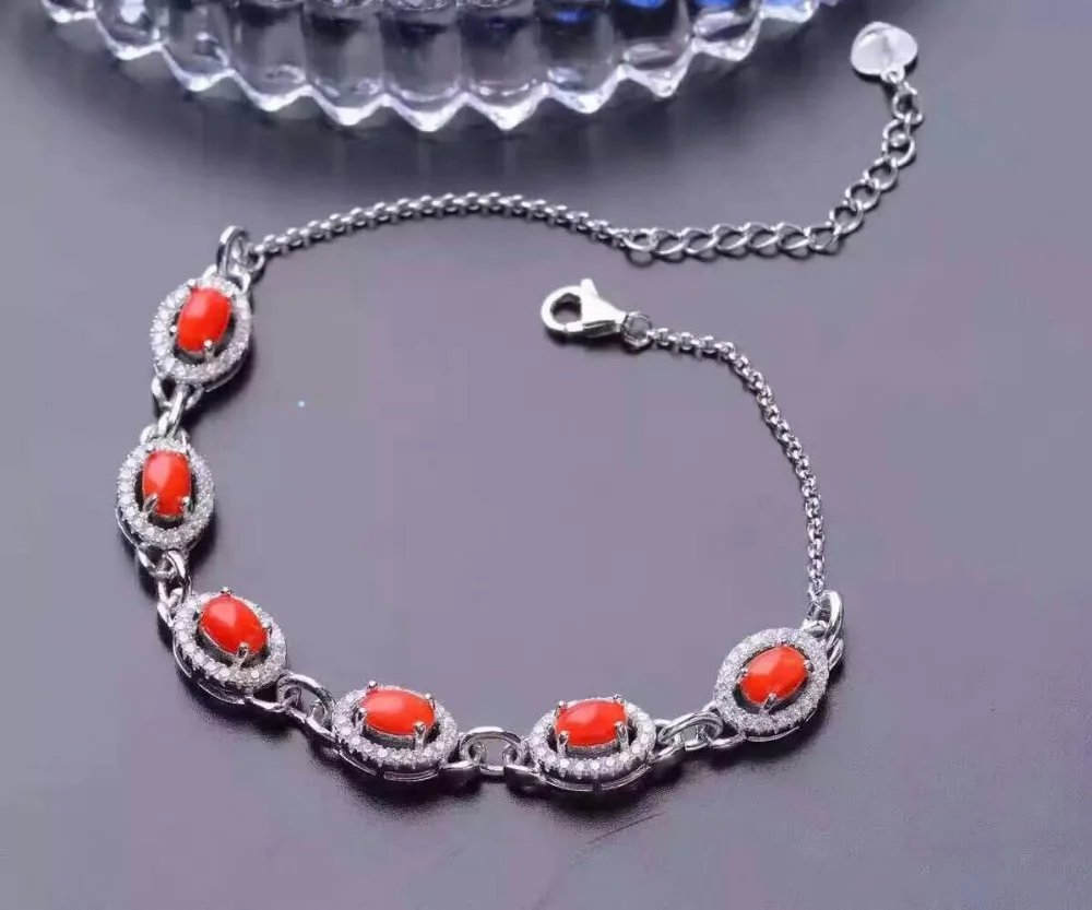  Naturel précieux rouge corail Bracelet naturel pierre gemme Bracelet 925 argent bracelet femme mode