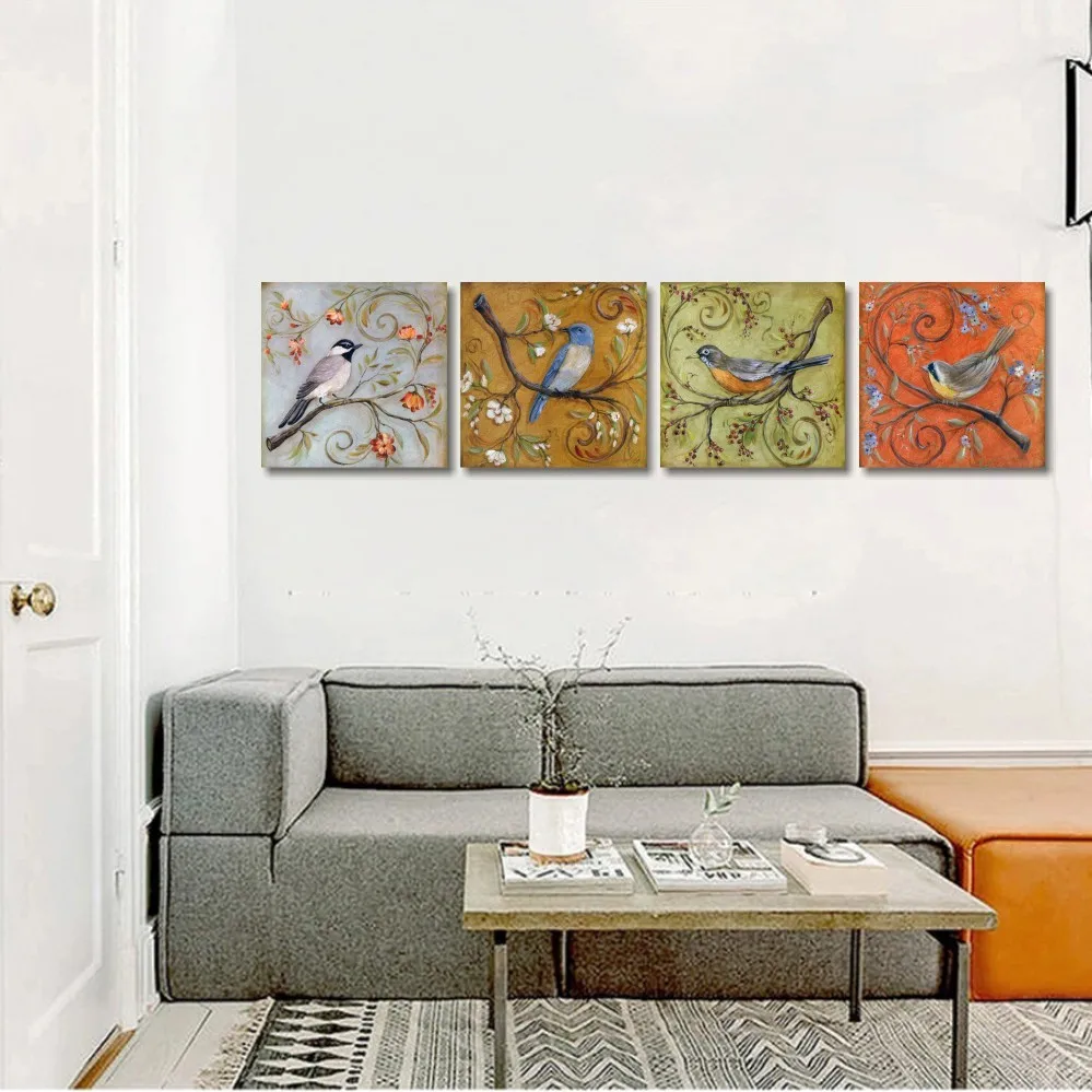 4 панели Холст Живопись Монополия модульные картины Квадро красный, желтый, синий и зеленый птица ветка картина маслом жизнь странная
