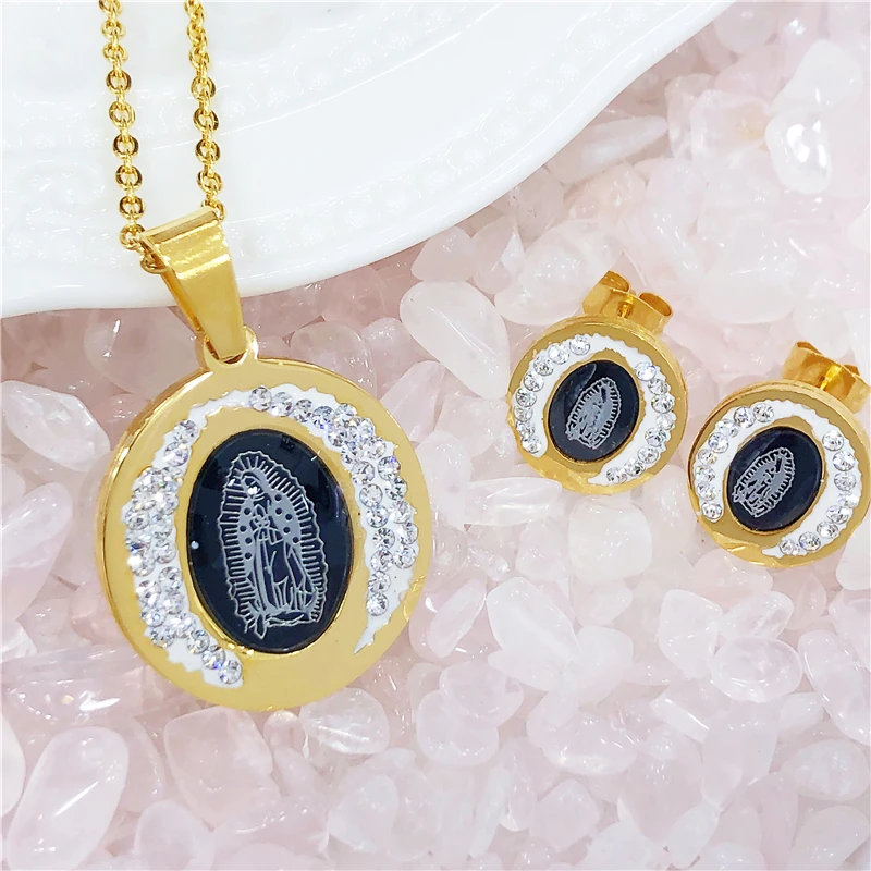 

NEW Luxurious Virgin Mary Jesus Cross Jewelry Sets Necklaces Earrings Set Stainless Steel Arab/Africa Women Girls Wedding Gifts