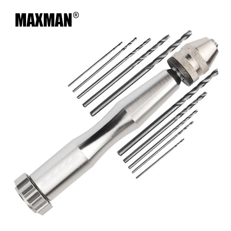 MAXMAN Mini Micro Aluminum Hand Drill With Keyless Chuck +10pc Twist Drill Bit Woodworking