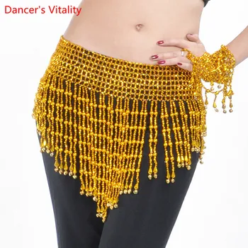 

women dancing hip scarf belly clothes brush with elastic wrapped belt with gold / silver objects of