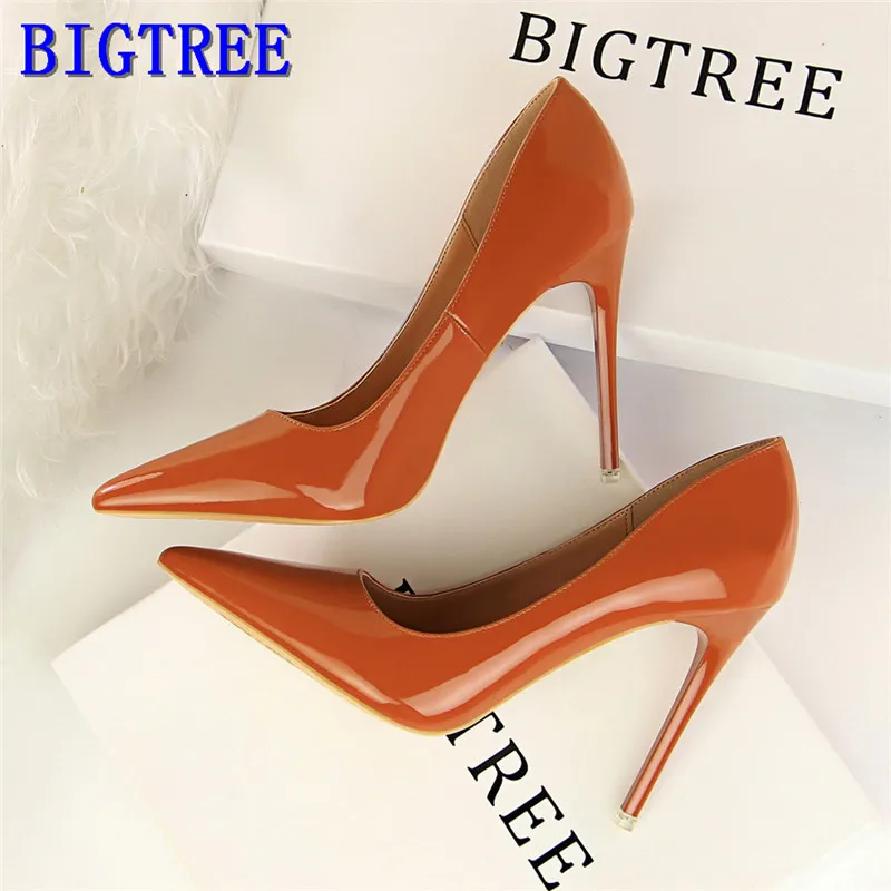 BIGTREE woman pumps fashion 10.5CM thin high heeled leather shallow mouth sexy thin Pointed Toe women's shoes