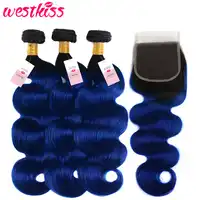 West Kiss Blue Hair 3 Bundles With Closure Dark Roots Two Tone Ombre Brazilian Body Wave Human Hair Weft With Lace Closure Remy