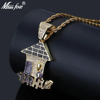 

MISSFOX Hip Hop Overlapping Trap House Rap Necklaces Pendants 24K Gold Plated AAA Purple Pure Black CZ Stone Probe Head Neclace