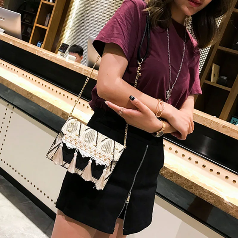Women Fashion Pearl Straw Bags Bohemian Female Summer Tassel Handbag Lady Travel Knit Shoulder Bag Beach Chains Crossbody SS3282 (12)