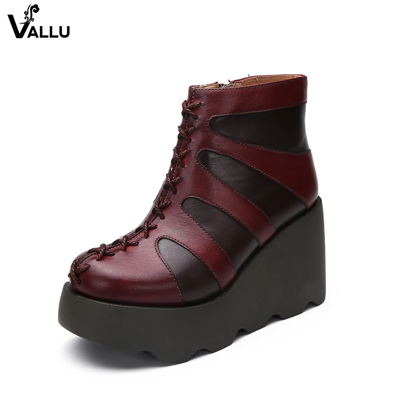 

Ankle Wedge Boots Women' s Shoes VALLU Genuine Leather Lady Platform Shoes Vintage Comfortable Zipper Casual Female Booties